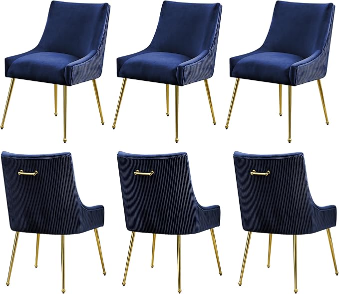 Velvet Dining Chairs Set of 6 Gold Legs,Upholstered Velvet Accent Chairs, Pleated Back Design & Gold Pull Handle, Mid Century Modern Chairs for Dining/Kitchen/Living Room,Blue