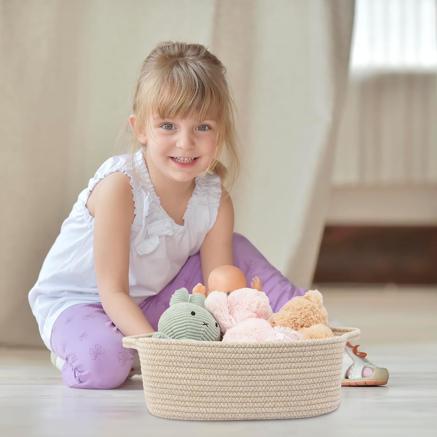 XUANGUO Medium Woven Cotton Rope Storage Basket with Handles, Oatmeal | Small decorative rectangle storage bin for baby nursery items and cat toys; ideal as an empty gift basket or dog toy basket