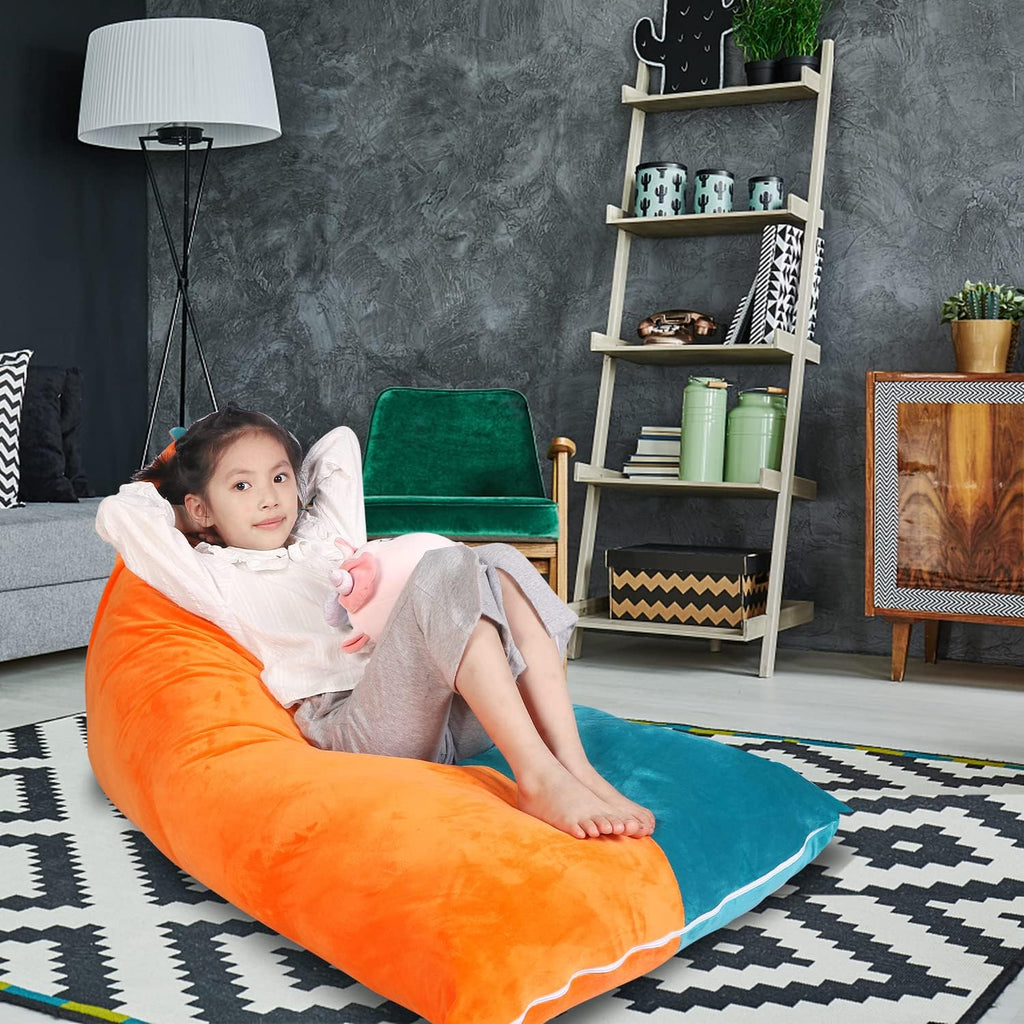 LOLOMLO Stuffed Animal Storage Bean Bag Chair Cover, Velvet Turquoise Orange Plush Toy Storage Stuff and Sit Seat for Kids/Teens/Adults, 52" x 31" Extra Large Triangle Sofa, 200L/52Gal, Cover Only