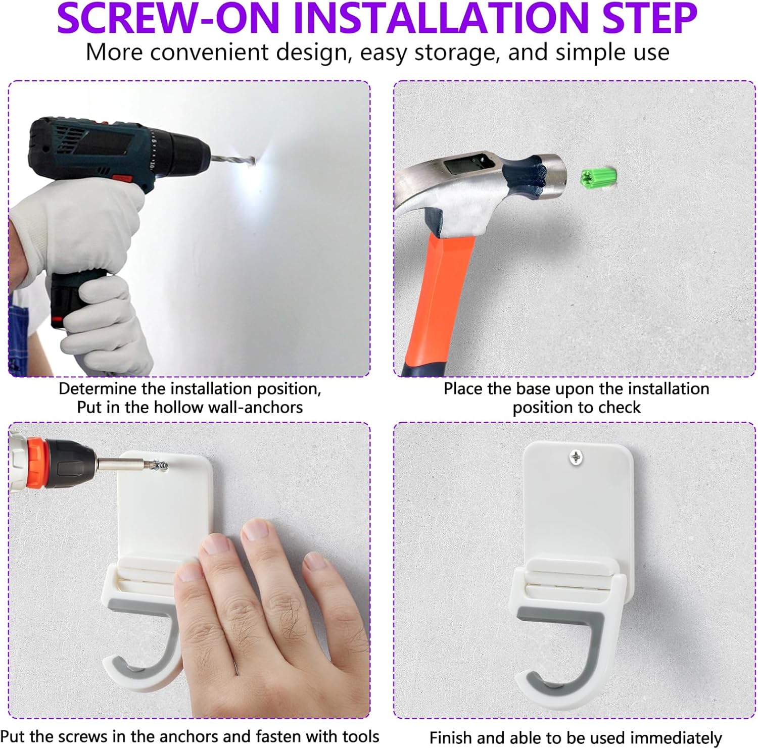 Broom and Mop Holder Wall Mount, Heavy Duty Screw Drilling Gripper Rack Supports up to 10 lb for Kitchen, Laundry Room, Garage, and Garden Storag (4, White)