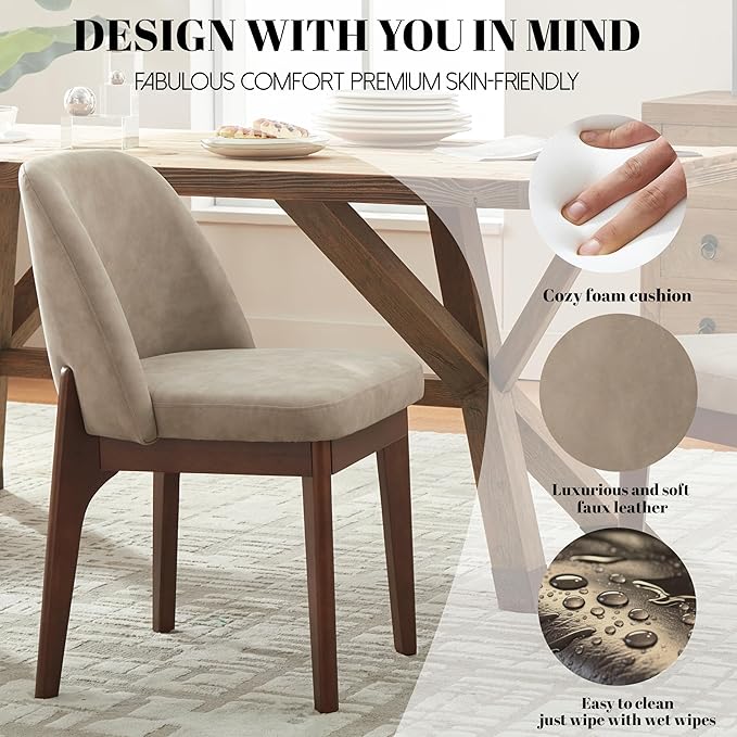 VKNOW Modern Dining Chairs Set of 4, Faux Leather Kitchen Chairs with Wood Legs, Upholstered Side Chair for Kitchen Dining Room, Taup