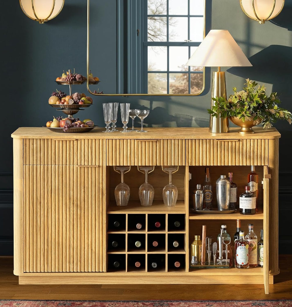 win2win 59" Fluted Sideboard, Wine Bar Cabinet with Faux Marble Top, Oak