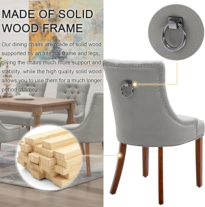 Upholstered Dining Chairs with Arms, Set of 6, Dining Room Chairs with Solid Wood Legs and Tufted Backrest(Linen+Grey)