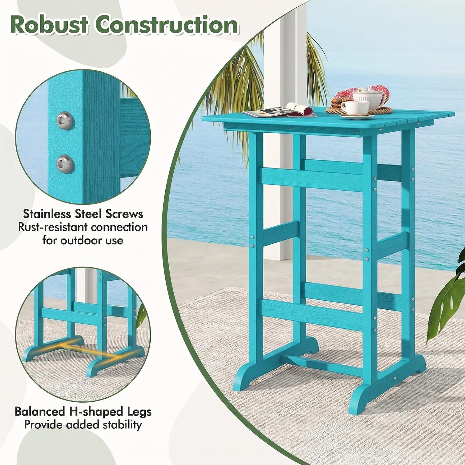 Giantex 42" Height Outdoor Tall Bar Table, HDPE Square Pub Table with Wood Grains, Cocktail High Top Tables for Adirondack Chairs, Patio, Bistro, Garden, Poolside, Yard, Balcony, Turquoise
