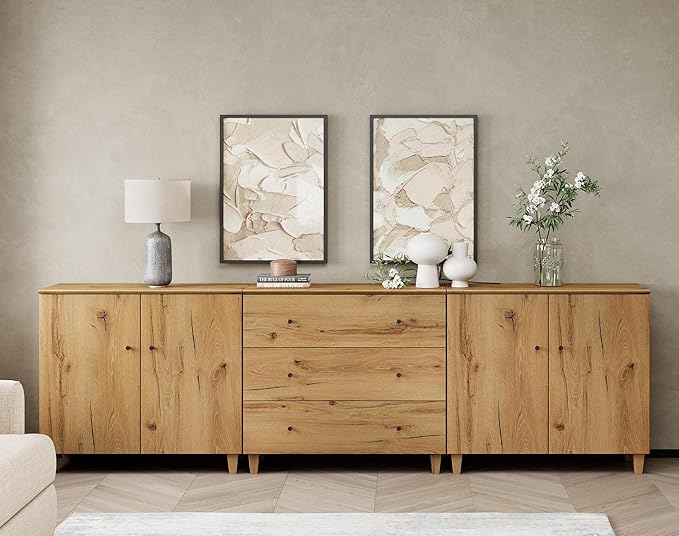 WAMPAT TV Stand Cabinets for 100+ Inches TVs, 3-in-1 Wood Media Console Table with Doors and Drawers, Modern Highboy Entertainment Center with Storage for Living Room Bedroom, Oak Brown