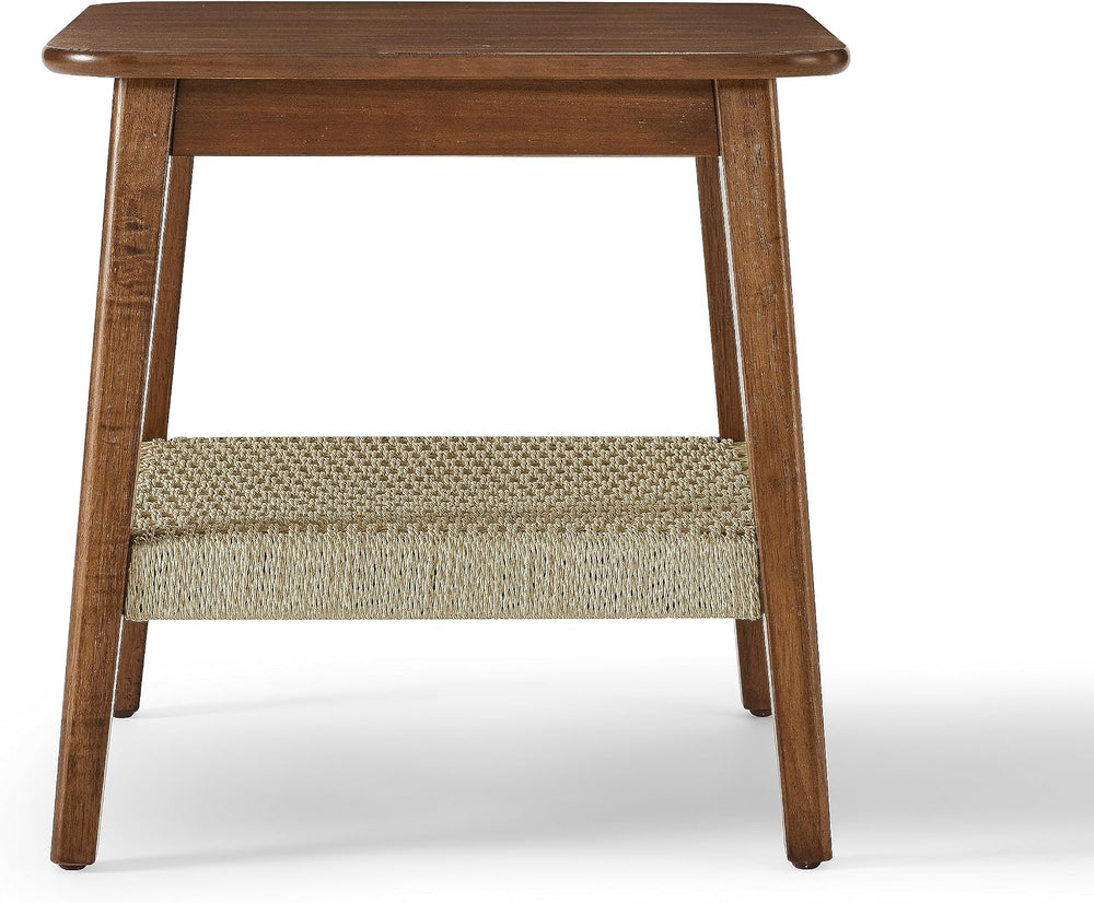 NewCosmos 23" Mid-Century Side Table with Woven Shelf, Boho Side Table w...