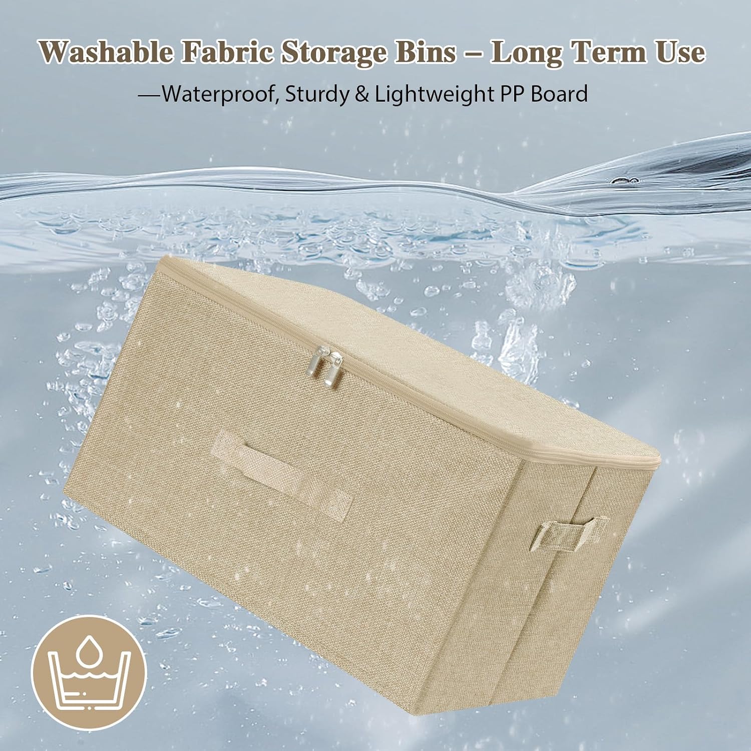 ANMINY Fabric Storage Bins with Zipper Lids, 18"x14"x10", Beige, 2 PCS | 43.6Qt Cotton Linen Storage Box, PP Board Frame, Washable Collapsible, with Handles & 3-side Open Lid, Stackable, Large