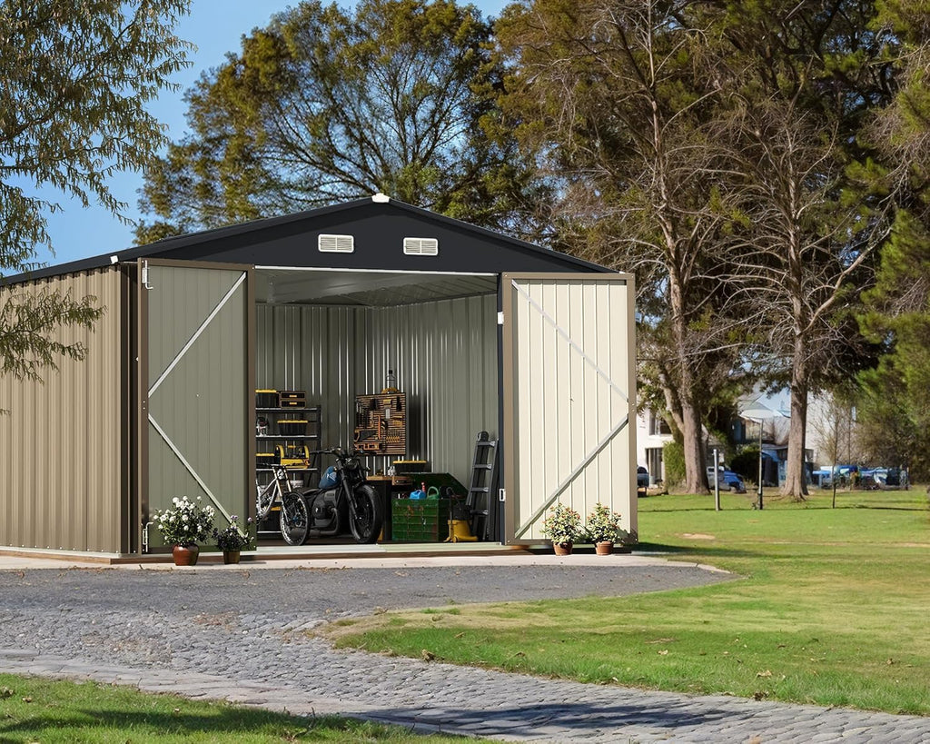 Greesum 10x10FT Outdoor Storage Shed, Utility Tool Shed Metal Storage Garden Shed with Door & Lock for Patio Storage, Brown