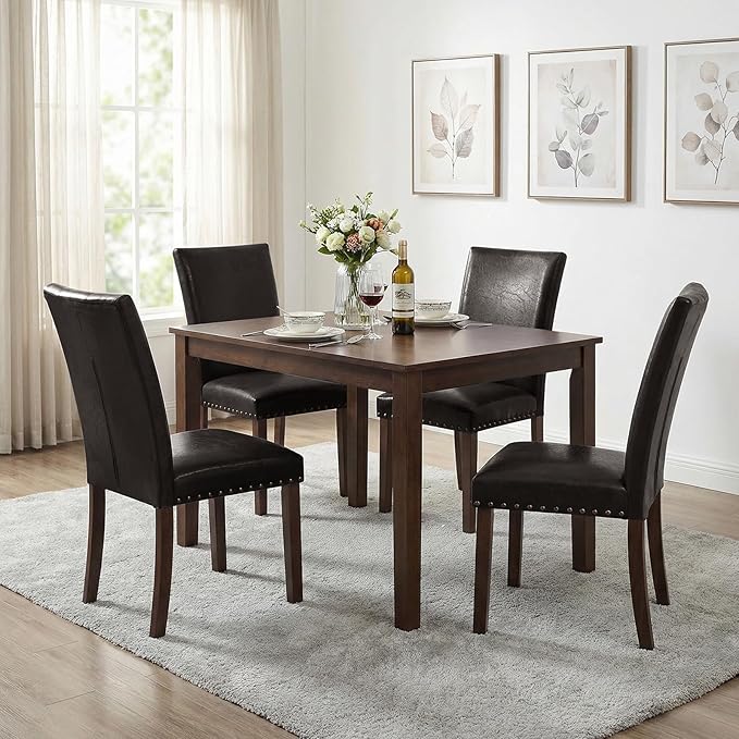 Furniliving Upholstered Dining Chairs Set of 4 - PU Leather Modern Farmhouse Kitchen Chairs, High-Back Dining Room Chairs with Wooden Legs for Kitchen Dining Room Living Room.Brown