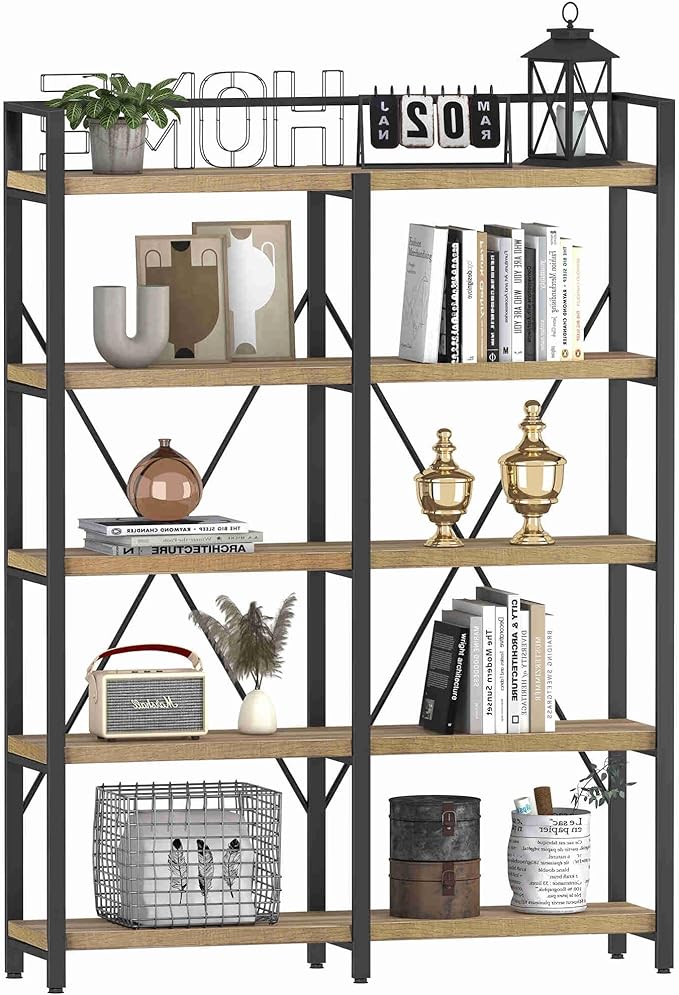 FATORRI Bookshelf, 5 Tier Industrial, Tall Etagere Bookcase, Rustic Wood and Metal Book Shelf with Large Open Shelving Unit for Home Office Living Room (Rustic Oak, 51 Inch Wide)