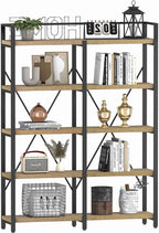 FATORRI Bookshelf, 5 Tier Industrial, Tall Etagere Bookcase, Rustic Wood and Metal Book Shelf with Large Open Shelving Unit for Home Office Living Room (Rustic Oak, 51 Inch Wide)