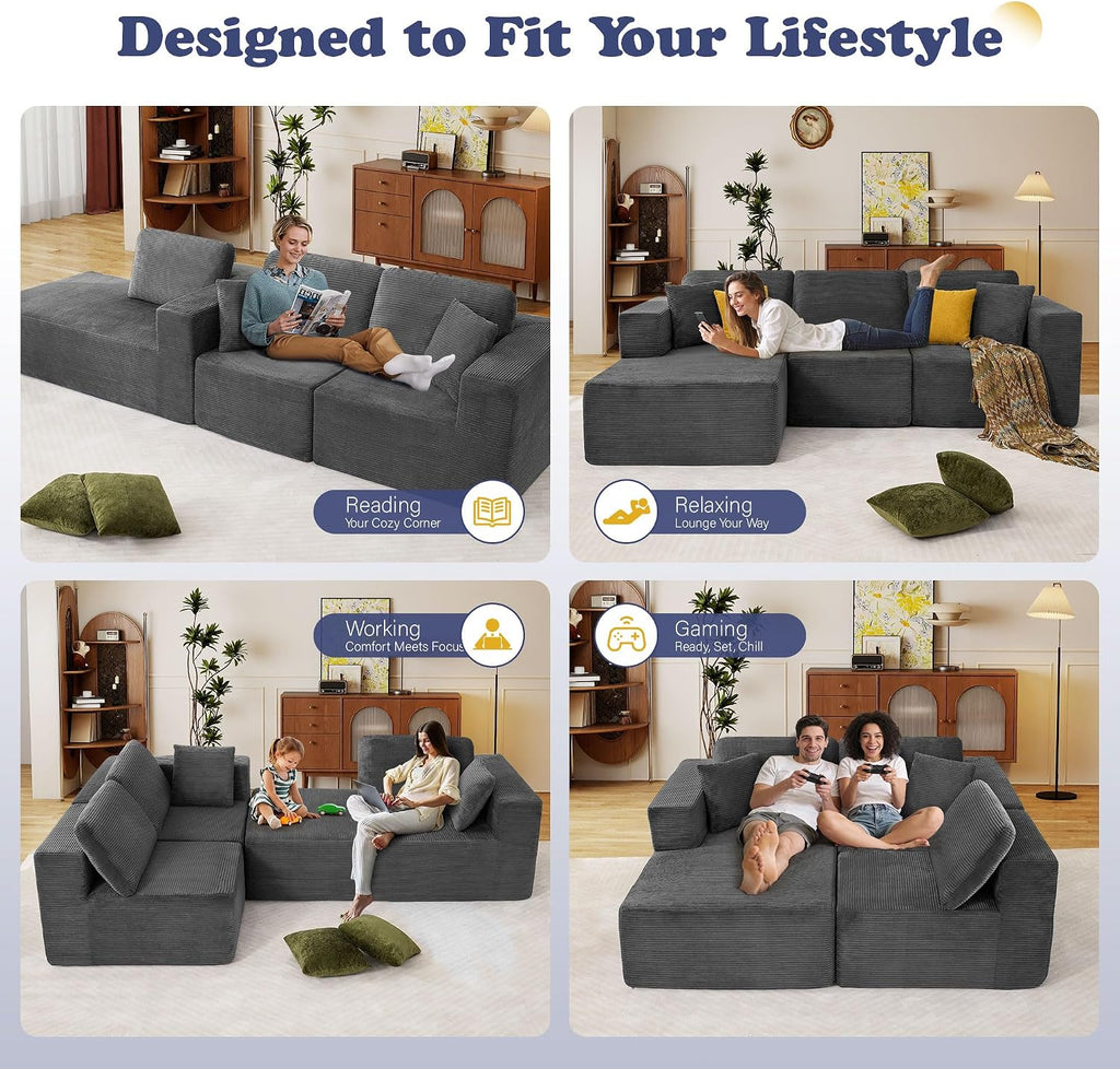109” Cloud Sectional Couch, Boneless Modular Sofa with L-Shape Chaise, Deep Seat Corduroy Couch, No Assembly Required, Modern Upholstered Sectional for Living Room Apartment Bedroom