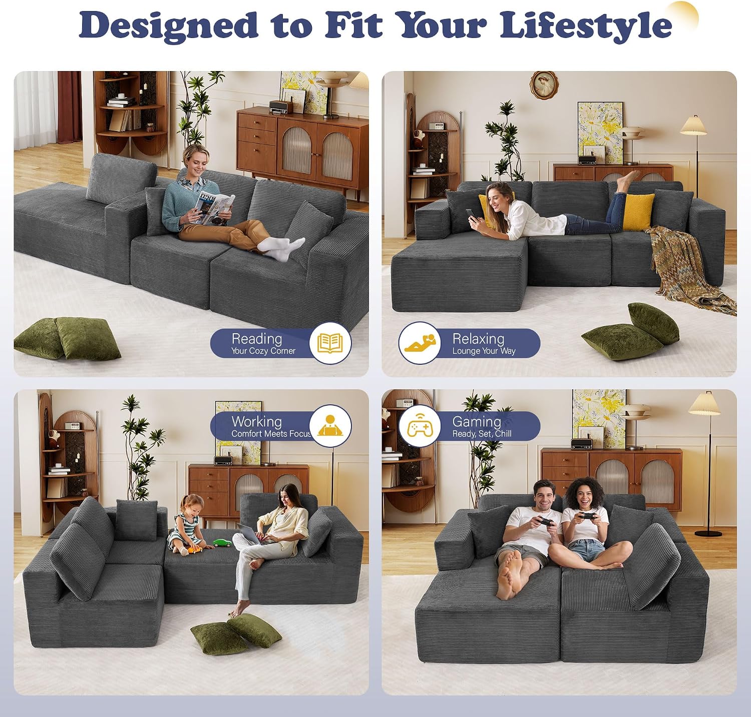 109” Cloud Sectional Couch, Boneless Modular Sofa with L-Shape Chaise, Deep Seat Corduroy Couch, No Assembly Required, Modern Upholstered Sectional for Living Room Apartment Bedroom