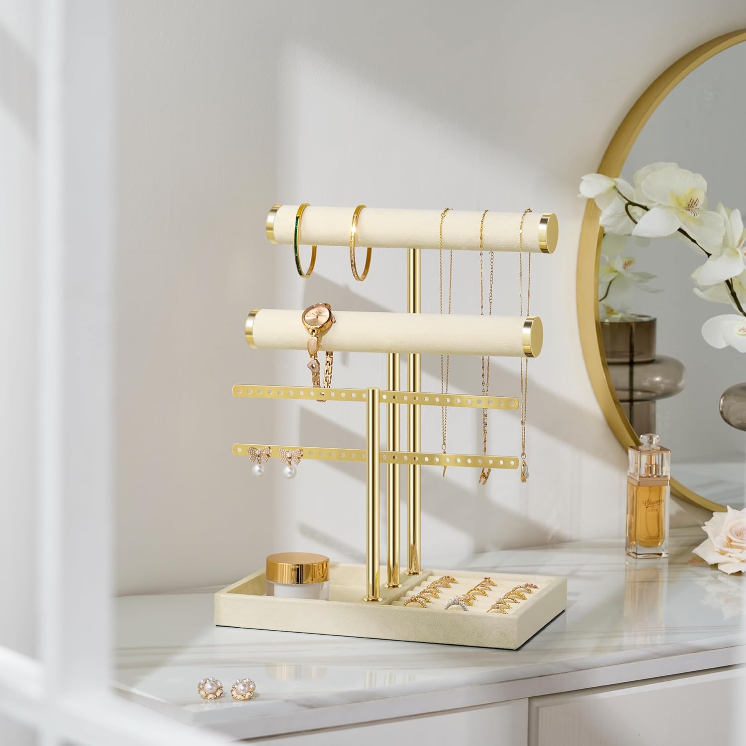 3 Tier Bracelet Holder Display - Detachable T Bar Beige Velvet Bracelet Holder, Jewelry Holder Organizer for Bracelet, Necklace, Earrings, Rings