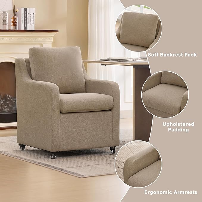 Rolled Dining Chair with Casters, Upholstered Modern Swivel Armchair with Wheels for Kitchen (1, Fabric Camel)