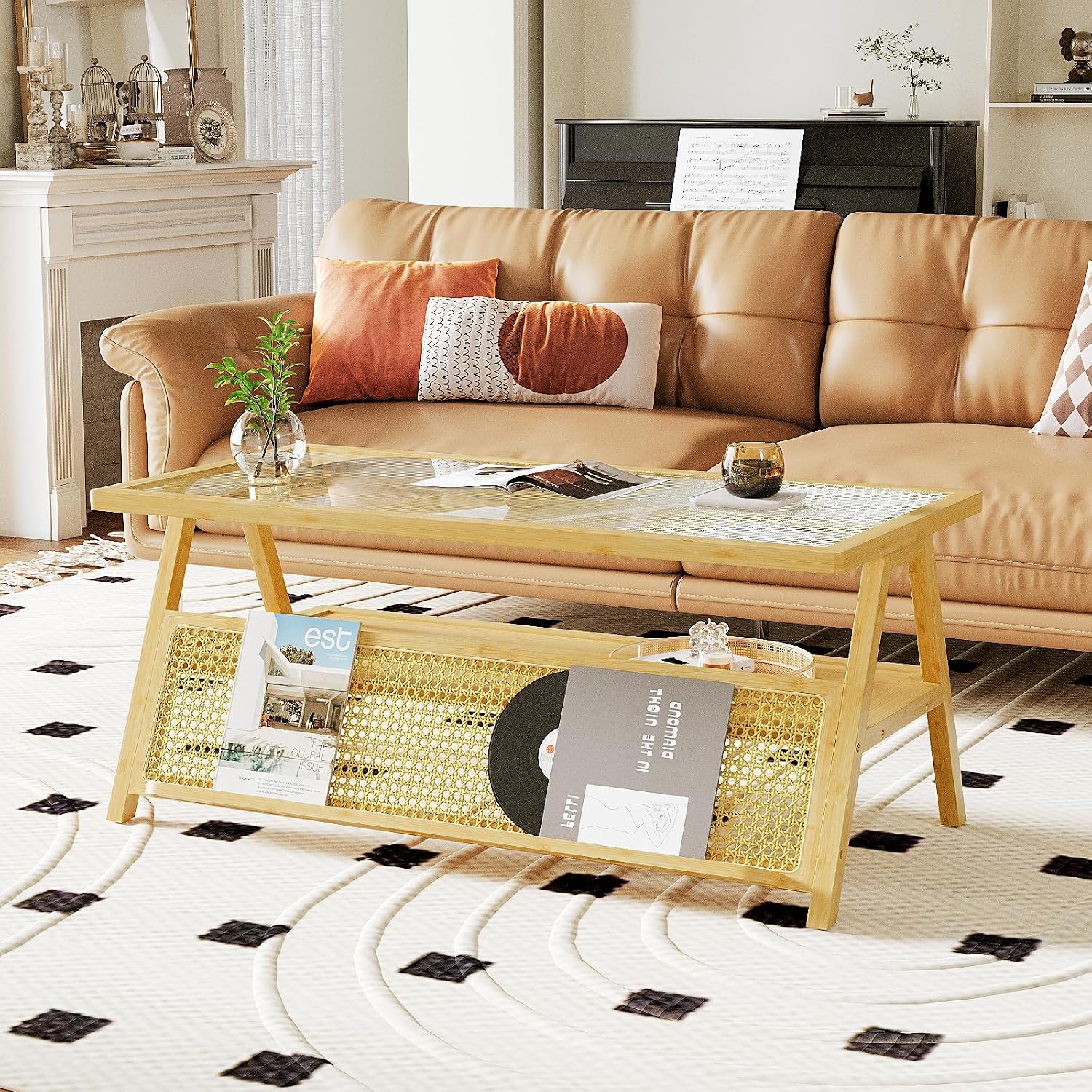 Bamworld Coffee Table with Storage Mid-Century Modern Coffee Table Boho | BambooTable with Glass Top for Living Room Office
