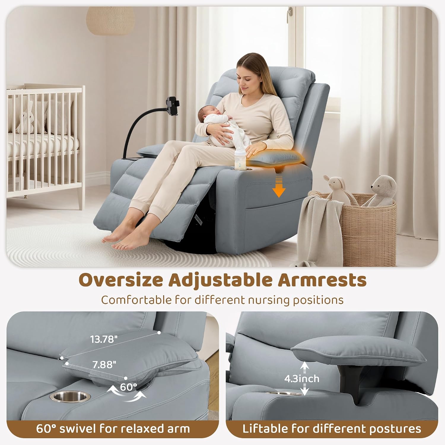 Olela Nursery Glider Recliner Chair - Electric Swivel Rocker with Heated Lumbar, Smart Cup Holder, USB Charging Ports, Blue Grey PU Leather