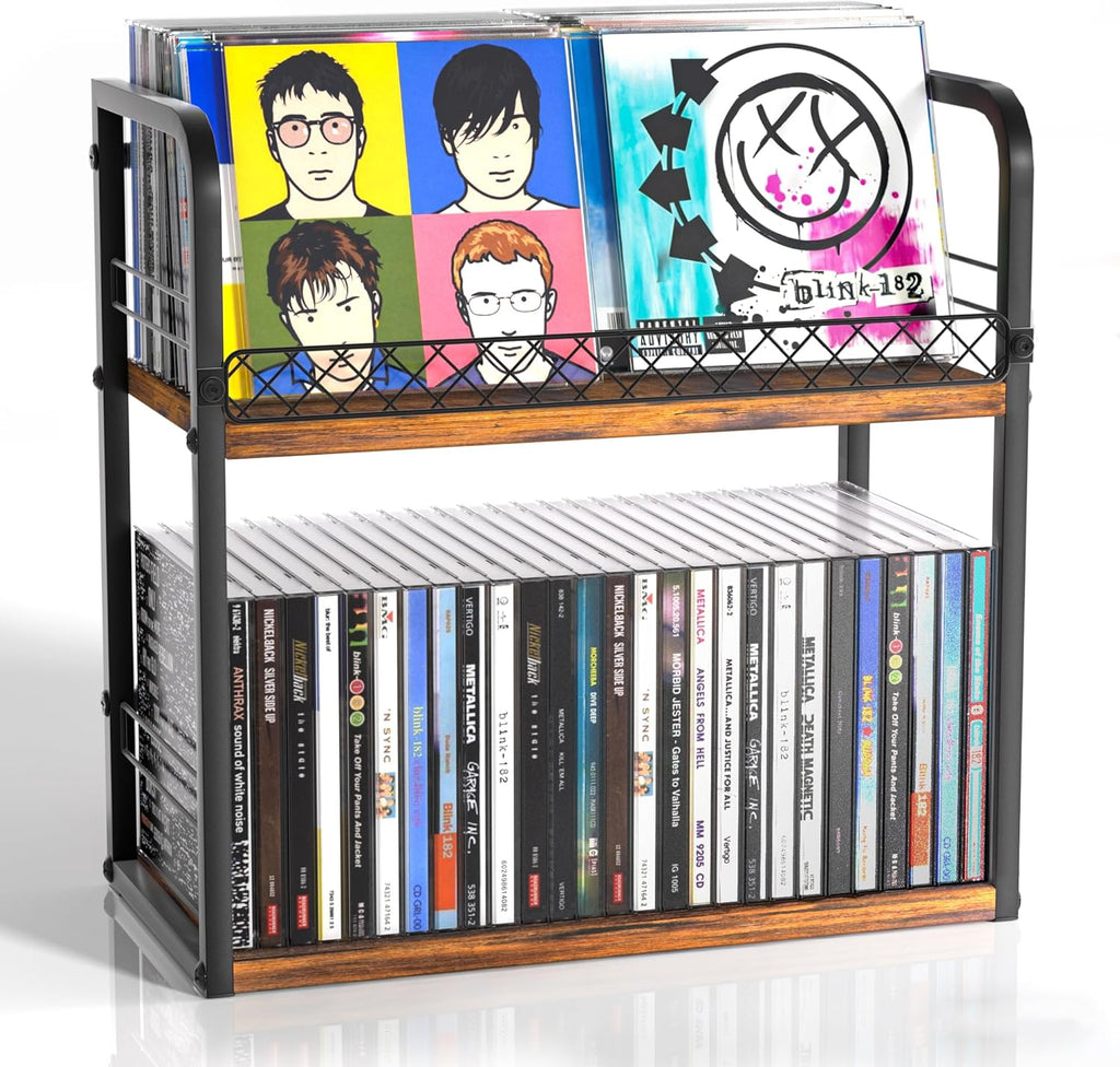 Alyoen 2-Tier CD Holder, CD Storage Rack, CD Organizer with Display Top Shelf, CD Case Holder for Home Office, Holds Up to 60 Standard, Ideal for Music Enthusiasts