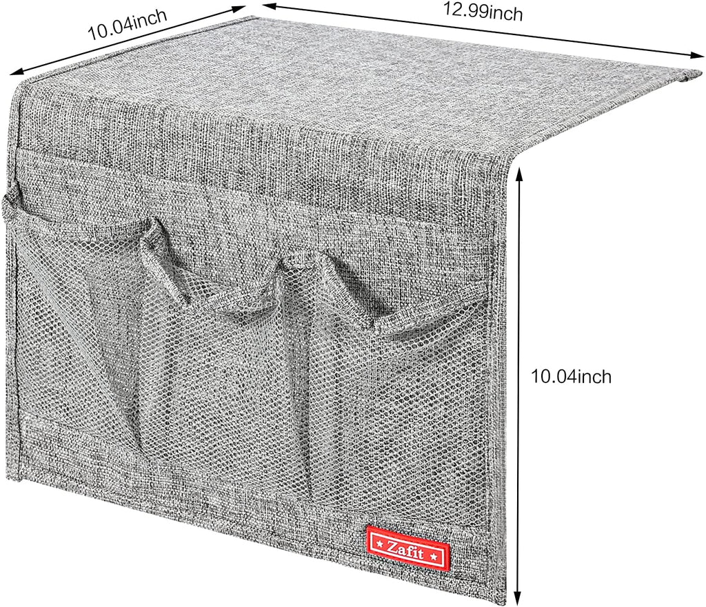 Linen 4 Pockets Bedside Caddy, Bedside Storage Organizer for Magazine, Remotes, Phone (Classic Grey)