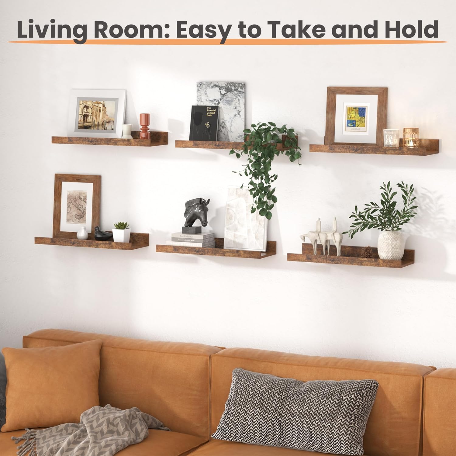 upsimples Floating Shelves for Wall, Wall Shelves for Decor Storage Set of 6, Wall Mounted Wood Shelf for Bedroom, Living Room, Bathroom, Kitchen, Picture Ledge Shelf, Brown
