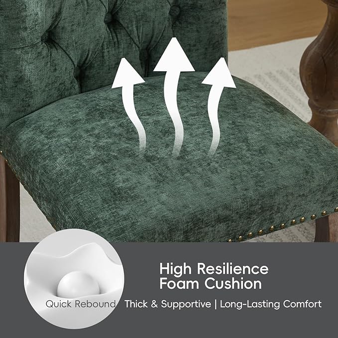 Upholstered Tufted Chenille Dining Side Chairs, Armless Nailhead Trim Chairs with Solid Wood Legs, Modern Farmhouse Chairs for Dining Room, Kitchen & Living Room (Set of 4, Olive Green)