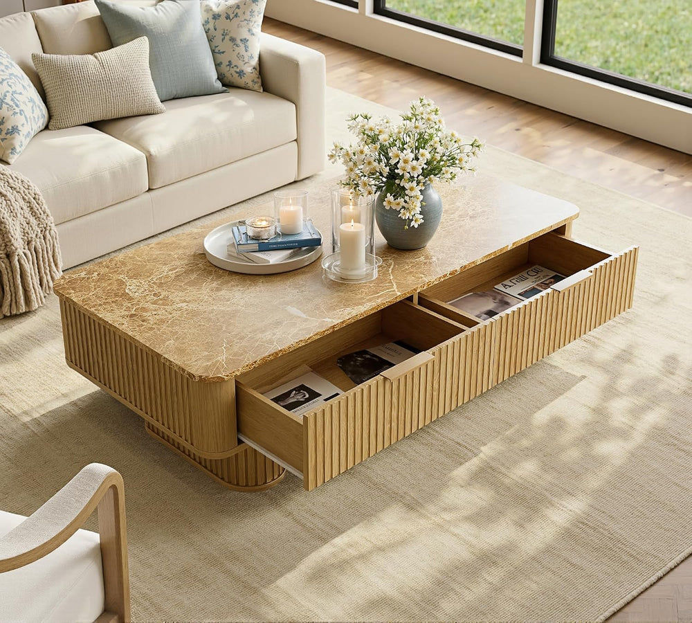 win2win Rectangle Coffee Table with Storage, Faux Marble Top, Boho,Oak