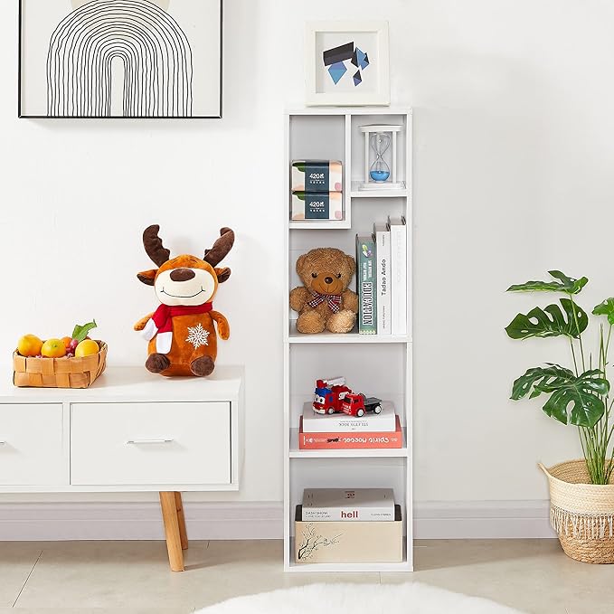 VECELO Small White Bookshelf, 5 Cube Slim Bookcase, Fits Tallest Hardcovers, Horizontal Available, Modern Floor Standing Unit, Each Shelf Hold Up to 66 LBS,Pearl White
