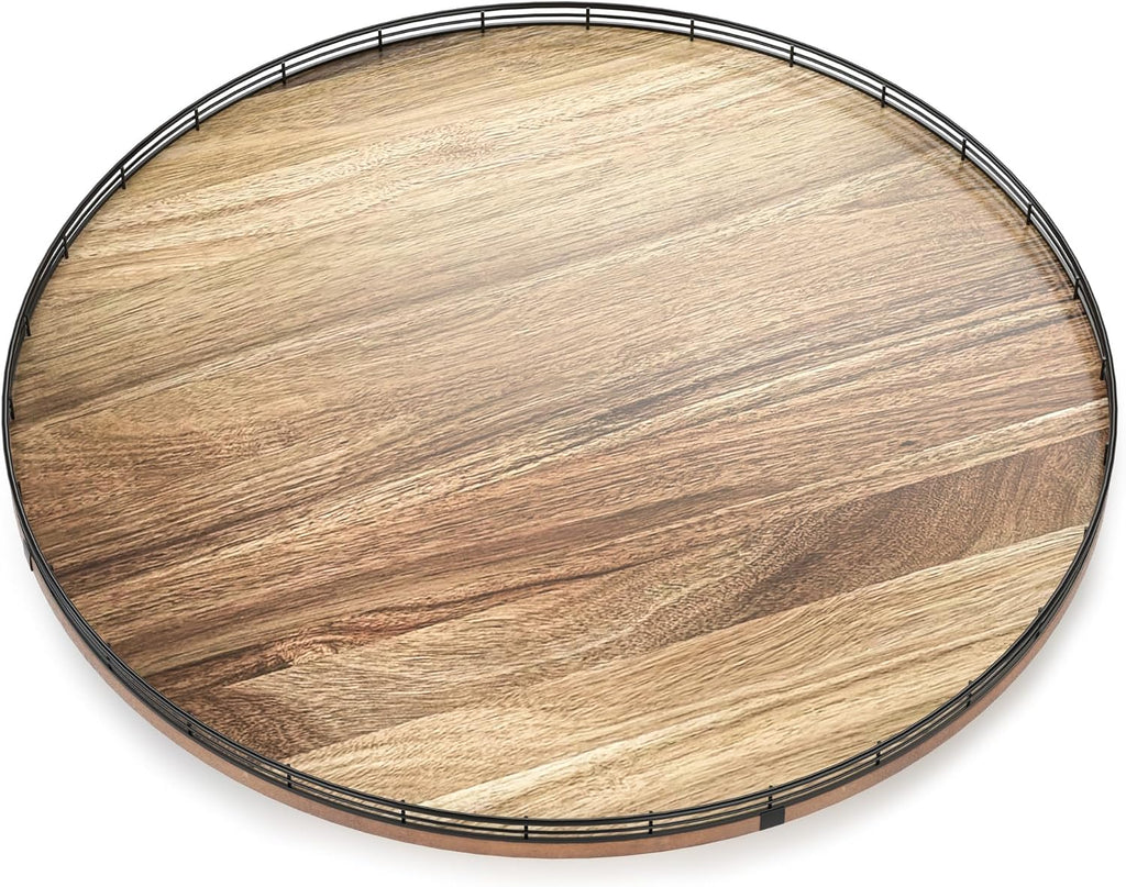 24 Inch Lazy Susan Turntable, Heavy Duty Acacia Wood Round Tray for Kitchen | Easy 360 Degree Spin; Raised Iron Rim; 3 Anti Slip Pads; No Assembly; Farmhouse Decor; Pantry, Cabinet, Gift Box
