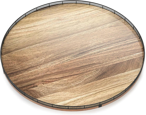 24 Inch Lazy Susan Turntable, Heavy Duty Acacia Wood Round Tray for Kitchen | Easy 360 Degree Spin; Raised Iron Rim; 3 Anti Slip Pads; No Assembly; Farmhouse Decor; Pantry, Cabinet, Gift Box