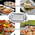Grill Topper Non-Stick Stainless Steel BBQ Tray with Holes Outdoor Grilling Pans for Meat Vegetables Set of 2 (16.5" x10" and 13"x7.4")