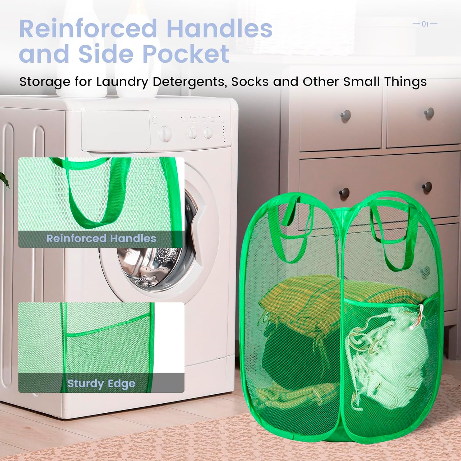 HOUSE AGAIN Pop Up Laundry Hamper, Strong Mesh Laundry Baskets Collapsible, Hamper with Handles and Side Pocket, Portable Foldable Dirty Clothes for Dorm, Laundry room and Travel Storage, Green