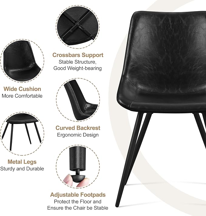 Yaheetech Dining Chairs Set of 2 Modern Upholstered Dining Room Chairs with Faux Leather Seat and Metal Legs for Home, Kitchen, Armless Design, Black