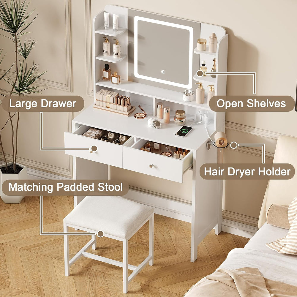 Vanity Desk with Lighted Mirror, Stool and Large Storage Space | Small Vanity...
