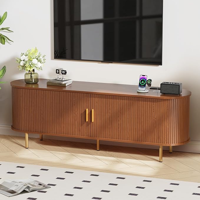 DHH 63 Inch Mid Century Modern TV Stand with Power Outlet for TVs up to 70 Inch, Entertainment Center with Storage and Adjustable Shelves, Media Console with Sliding Doors for Living Room(Walnut)