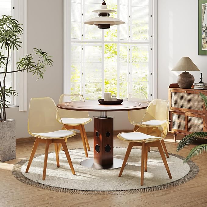 Clear Dining Chairs Set of 4, Modern Acrylic Dining Chair Transparent Chairs with PU Leather Cushions Seat & Wood Legs, Side Chairs for Dining Room Kitchen Restaurant Balcony (Yellow)