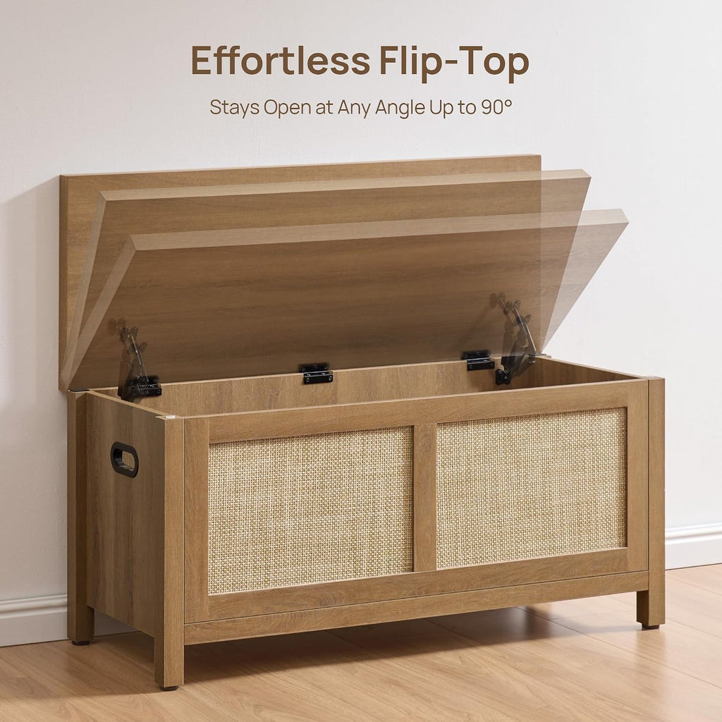 SICOTAS Rattan Storage Chest 39.4" Storage Bench for Bedroom | Boho Storage Truck with 2 Safety Hinges and Flip Top for Living Room Entryway, Supports 220 lb, Oak