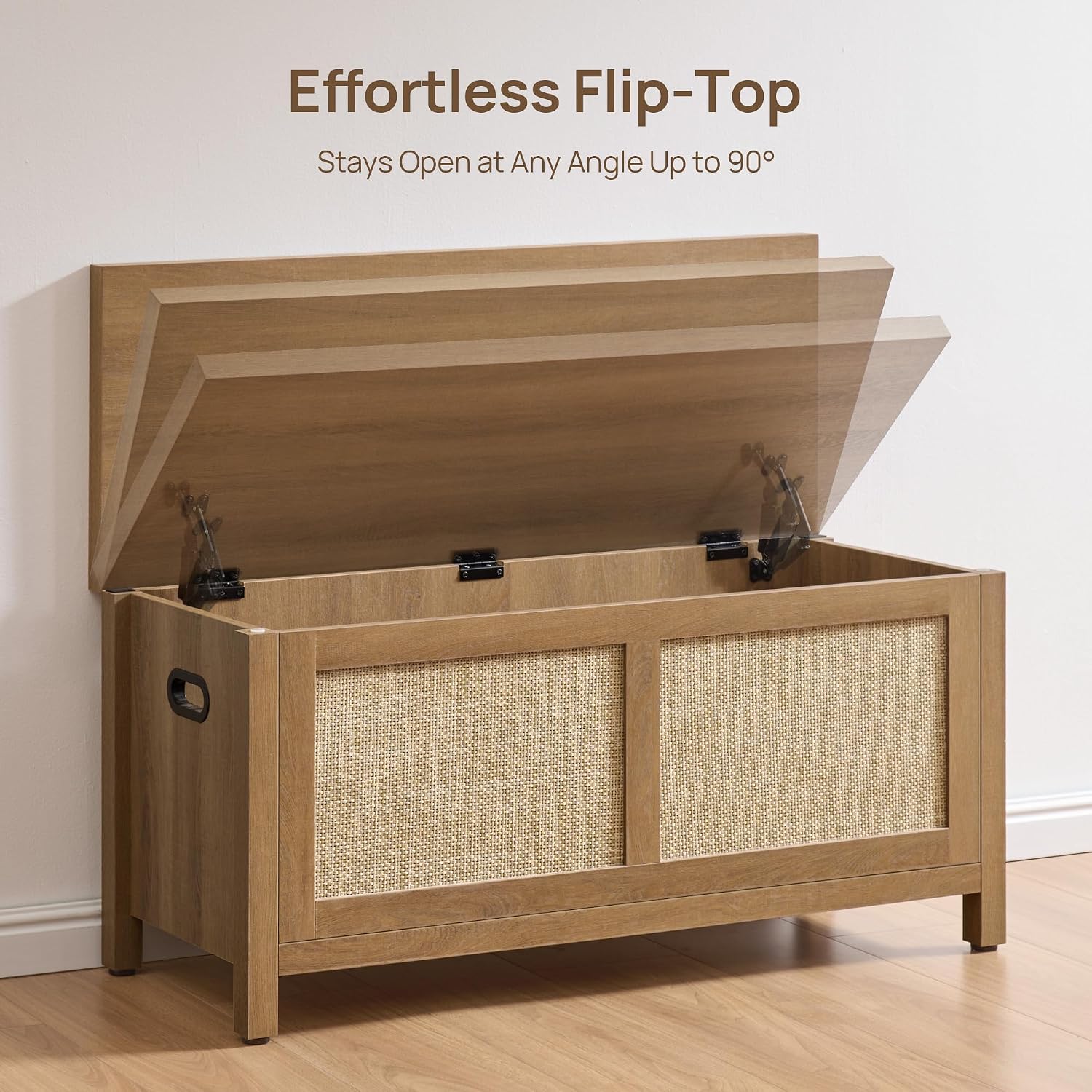 SICOTAS Rattan Storage Chest 39.4" Storage Bench for Bedroom | Boho Storage Truck with 2 Safety Hinges and Flip Top for Living Room Entryway, Supports 220 lb, Oak
