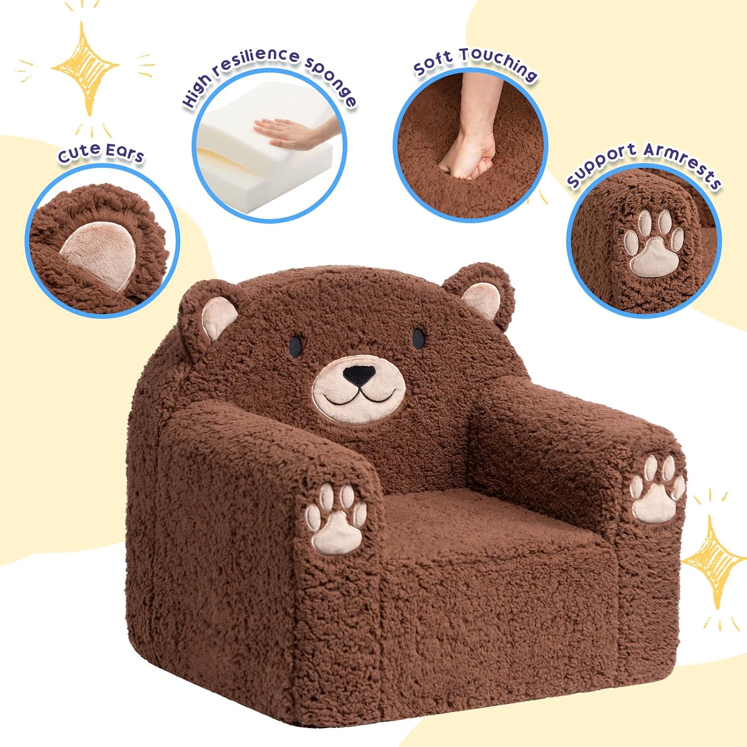 Sherpa Kids Armchair, Kids Sofa, Toddler Animal Brown Bear Reading Chair | Machine washable removable cover, lightweight foam lounge chair for toddlers ages 1–6, no assembly required