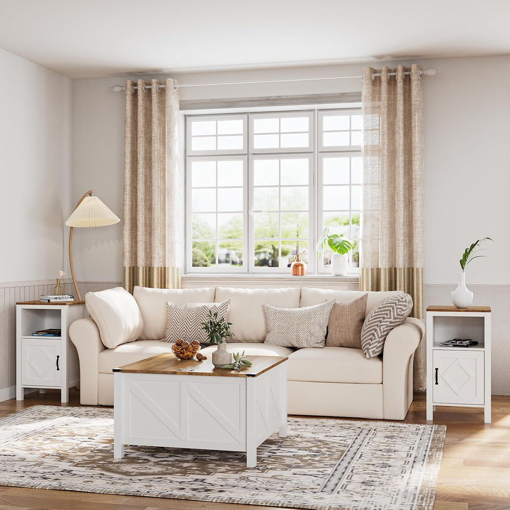 BVIUNTWO Set of 2 Modern White Side Tables with Cabinet & Open Department...