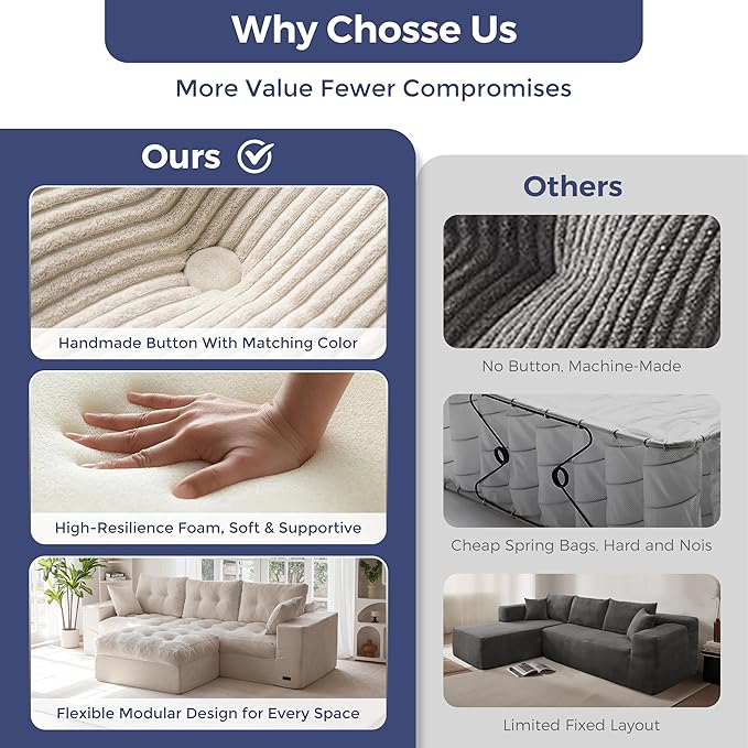 MAXYOYO 104" L Shaped Modular Sectional Sofa with Ottoman, Cloud Boneless Couch with Layered Cushion, Upholstered Sofa in a Box, Flexible Module Combination for Living Room, No Assembly, Beige