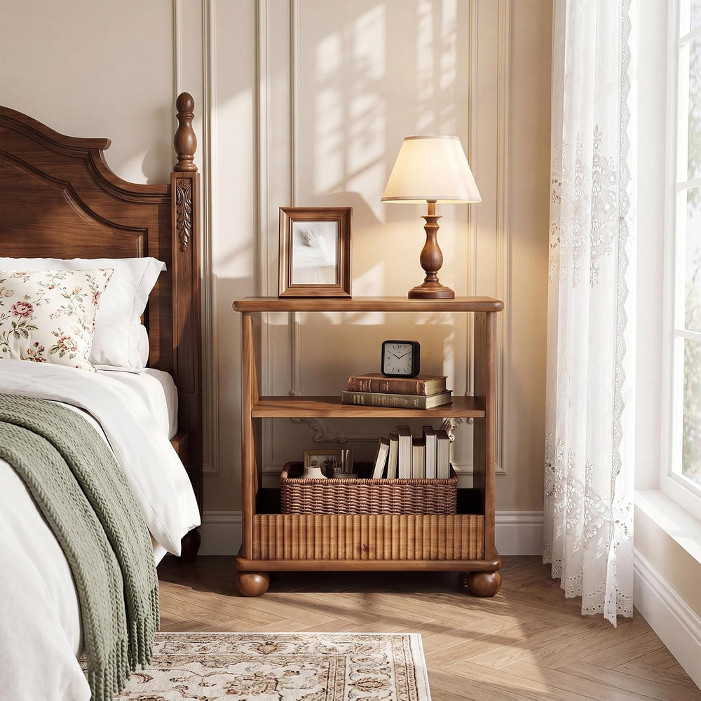 3-Tier Solid Wood End Table with Storage Shelf for Living Room | Farmhouse Ru...