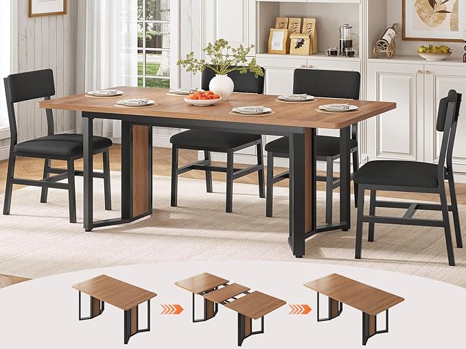 Itaar 5-Piece Dining Table Set for 4-6 People, 63" Extendable Kitchen Table and 4 Cushion Chairs, Dining Room Table with MDF Board & Metal Frame for Small Space, Easy Clean, Brown