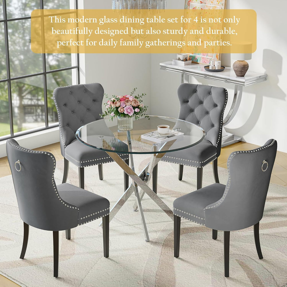 Round Glass Dining Table Set for 4, Modern 36 Inch Glass Kitchen Table with S...