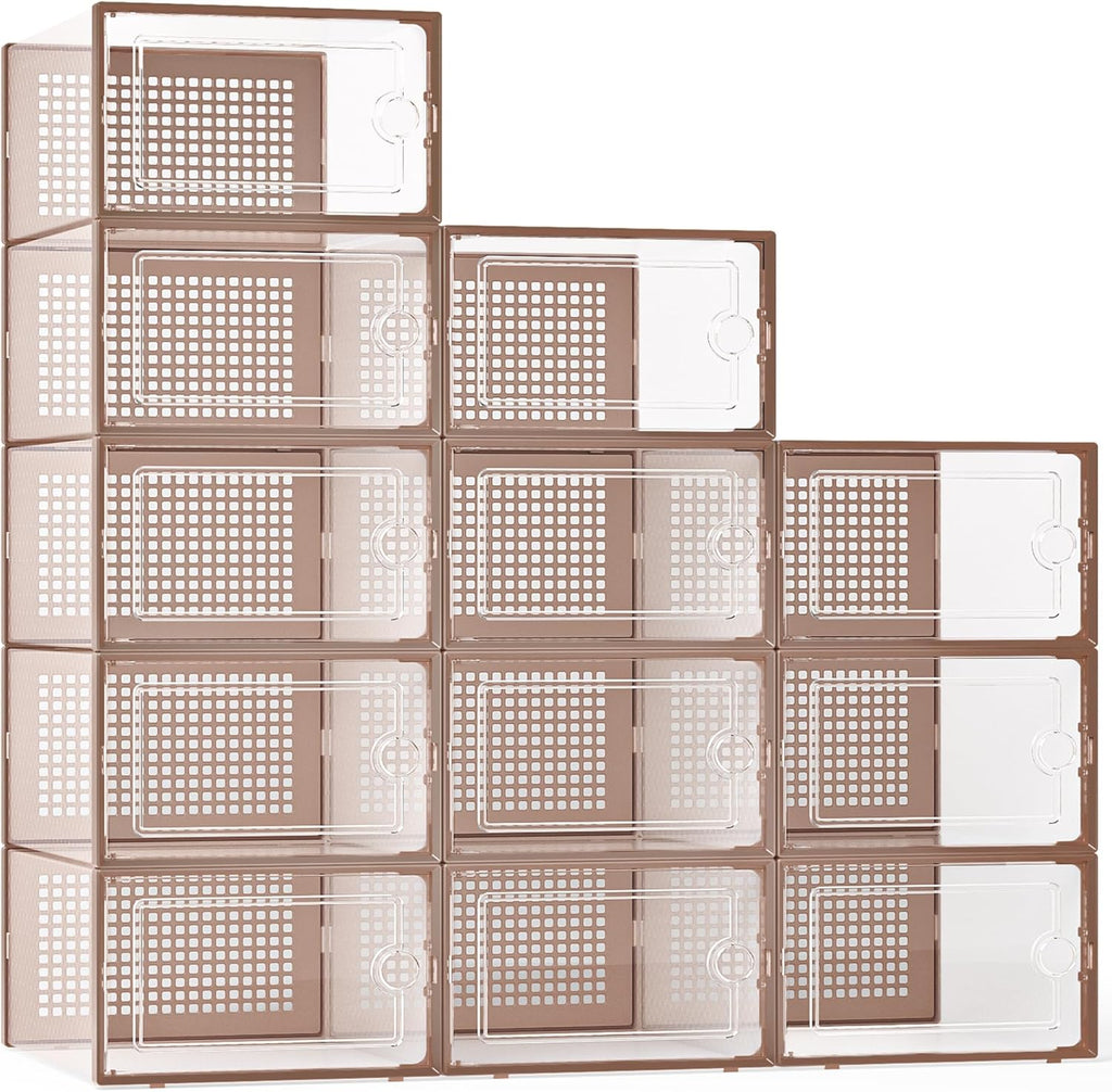 Kuject X-Large Shoe Storage Boxes Organizers for Closet 12 Pack, Fit Size 11,Clear Plastic Stackable Sneaker Containers for Entryway, Space Saving Shoe Rack,Substitute for Drawer Organize Unit, Brown