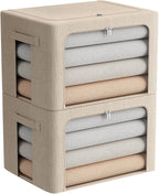 FHSQX 2 Pack Clothes Storage Bins Stackable Metal Frame Storage Box Foldable Linen Fabric Box Organizer with Carrying Handles and Clear Window (Beige, 15.7x 11.8x 11.7 Inch)