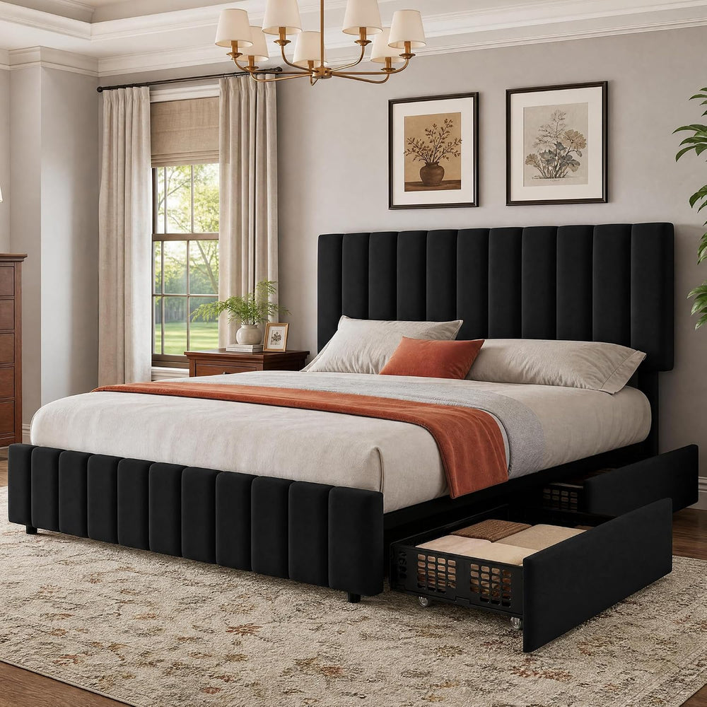 Garvee King Size Bed Frame, Linen Bed Frame with 4 Storage Drawers, Black