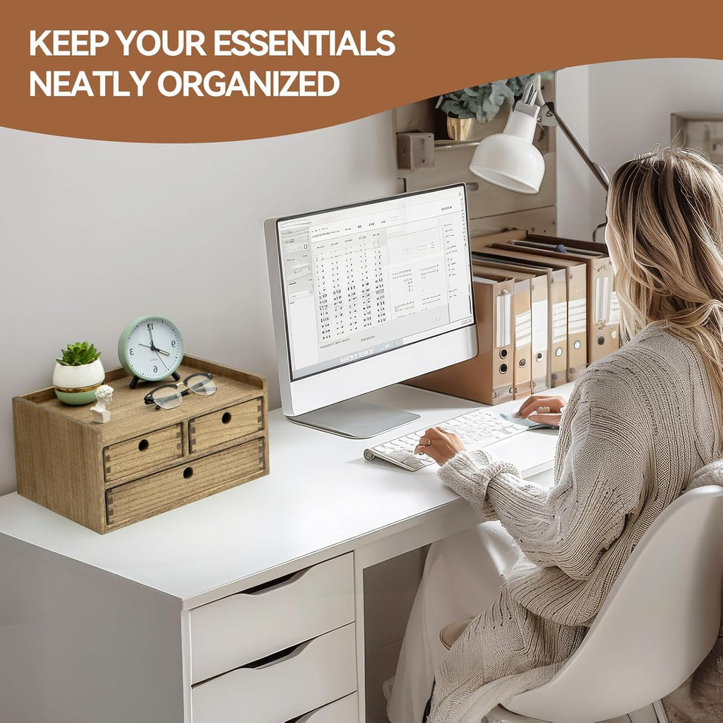 KIRIGEN Desk Organizer with Drawers - Wood Drawer Storage Box with Trays for Tabletop - Workspace Office Toiletries Supplies Tool Caddy - Wooden Storage Cabinet Dark Brown（DT2D3C-DBR）