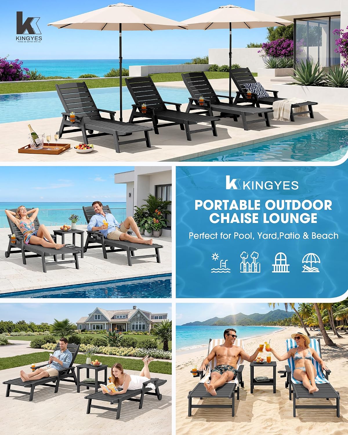 KINGYES HDPE Lounge Chair Outdoor Set of 2, All Weather Pool Lounger | 5 Position Adjustable Backrest Patio Chaise Lounge with Cup Holder for Outside, Gray