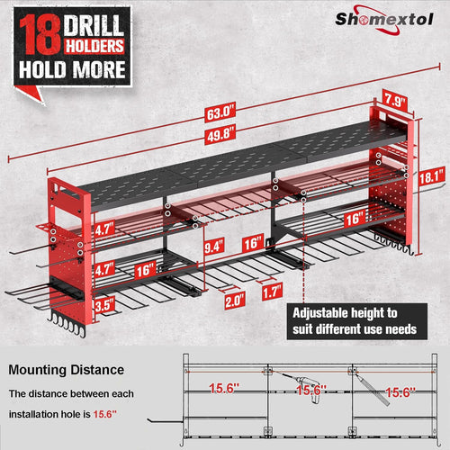 49.8" W Super Large Power Tool Organizer Wall Mount,4-Layer Heavy Duty Tool Storage with 18 Cordless Drill Holder,600 lb Capacity Garage Organization for Garage and Workshop (Red)