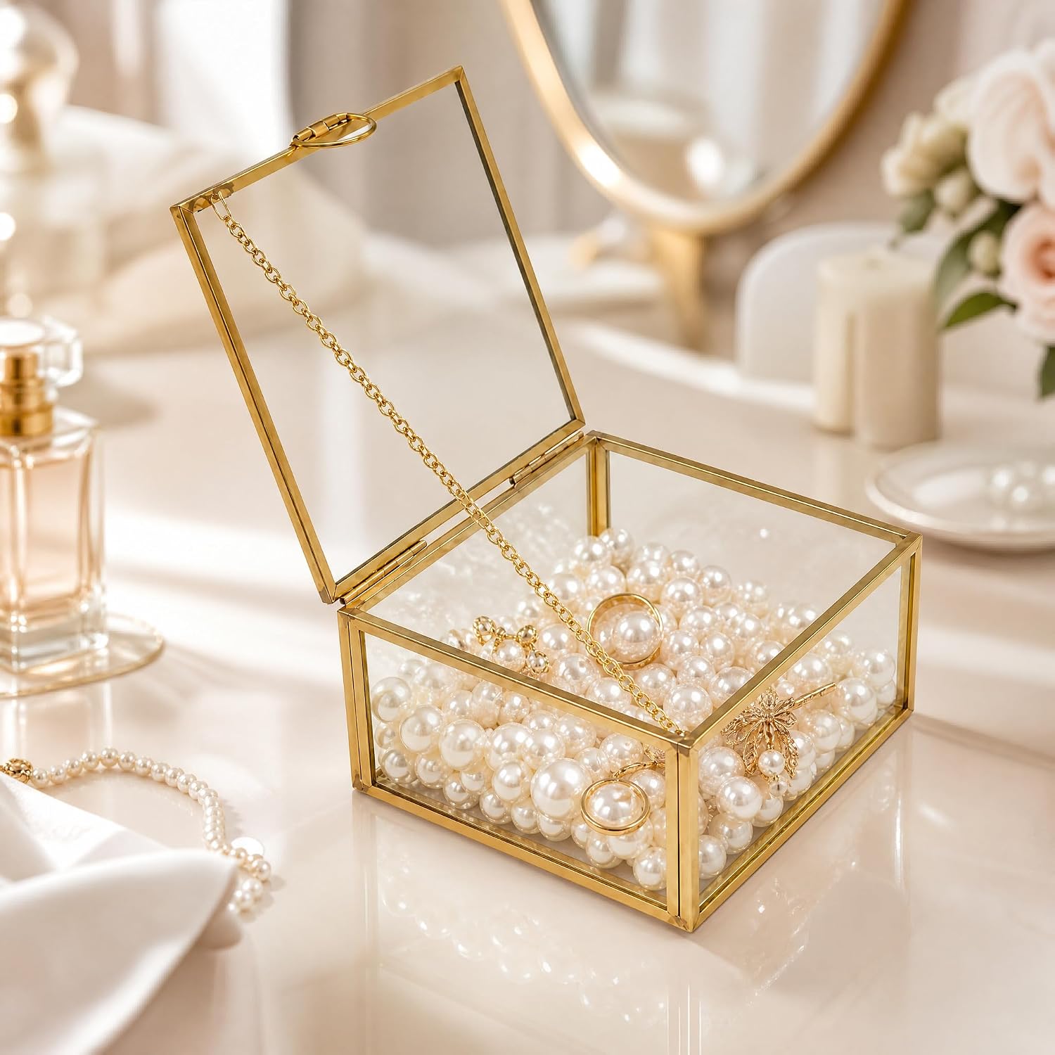Gold Glass Jewelry Box Organizer for Women Girls, Small Trinket Keepsake Box with Lid, Clear Jewelry Storage Case for Rings Earrings Necklace, Decorative Vanity Dresser Bathroom Countertop Organizer